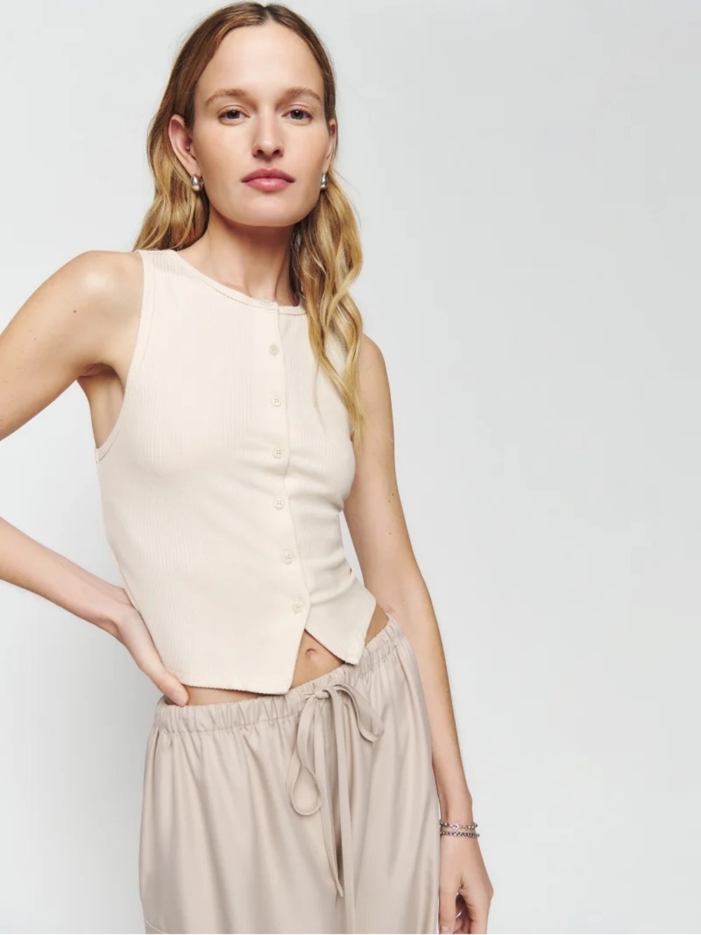 Reformation Renelle Knit Top Ribbed Cream Sleeveless Tank Top Size Large 816